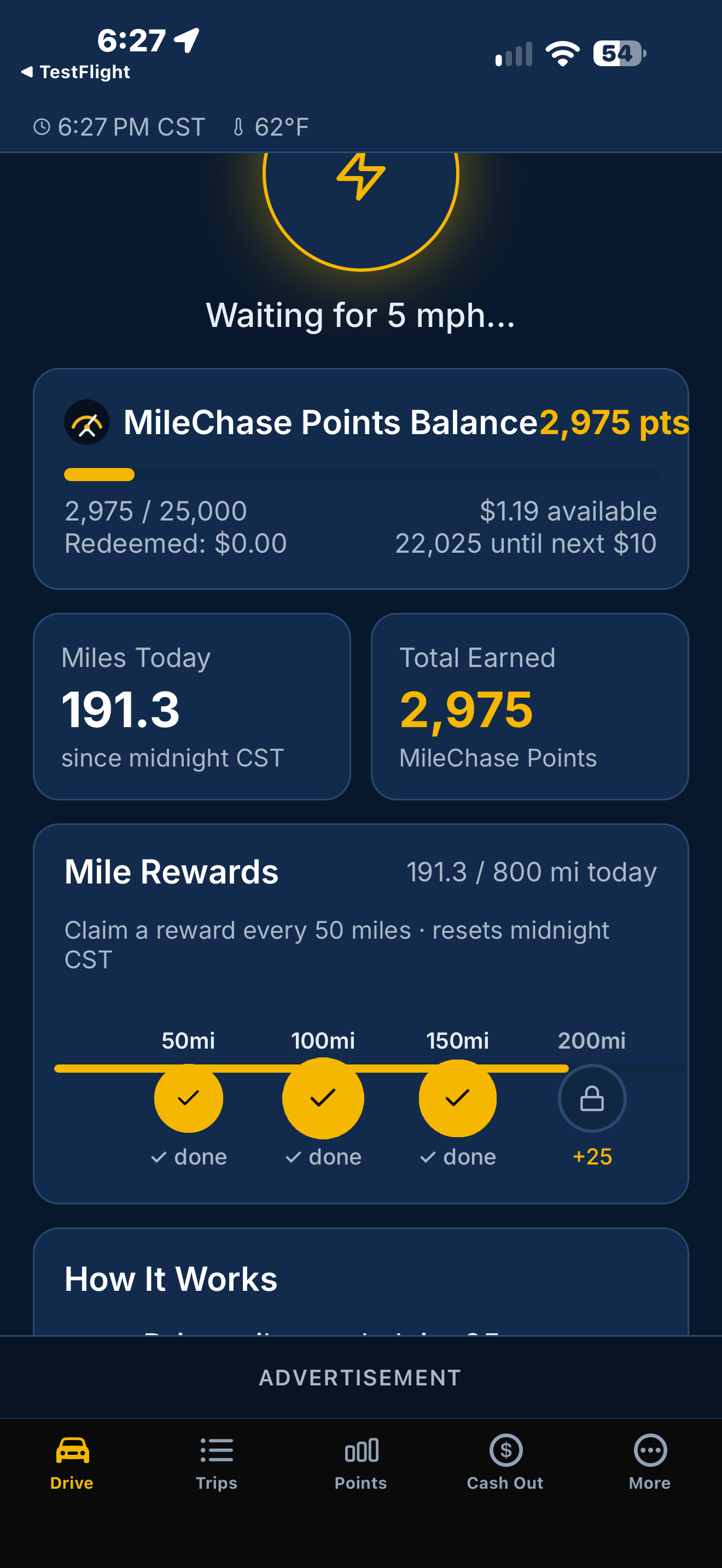 MileChase mileage checkpoint screen showing daily mileage and rewards progress